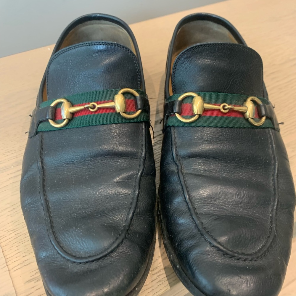 Gucci Black Leather Boat Shoes with Gold Accents